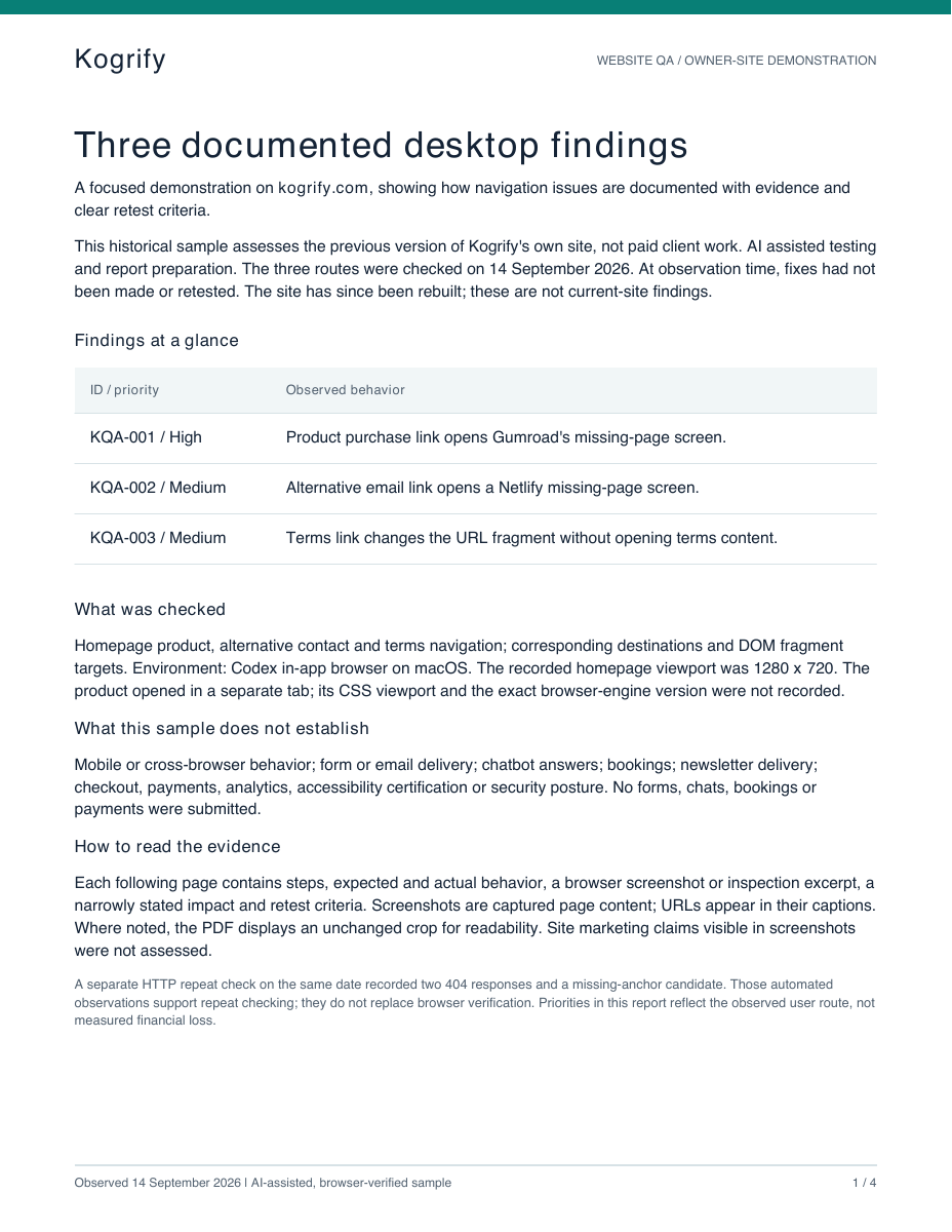 First page of the Kogrify sample report, listing three documented desktop findings